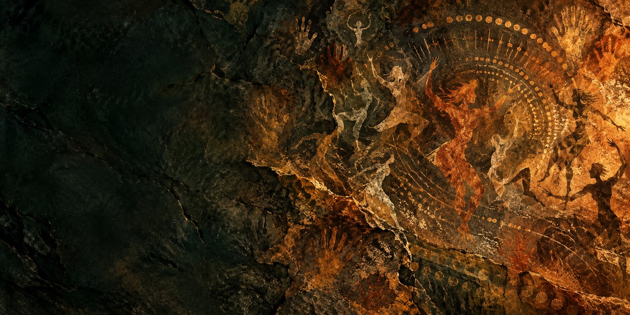 Interpretive artwork of dancers, handprints, and movement marks across an earth-toned rock wall