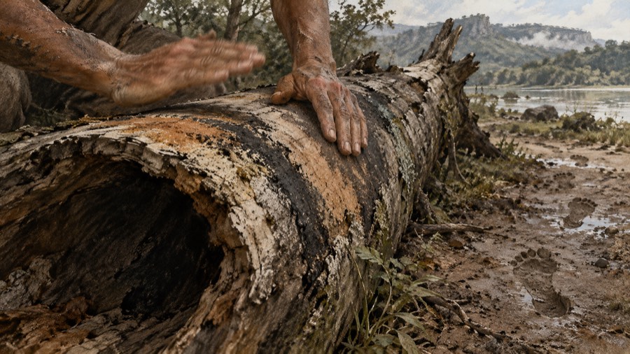 AI-generated speculative illustration of hands tapping a fallen log, with footprints nearby; no historical event is depicted