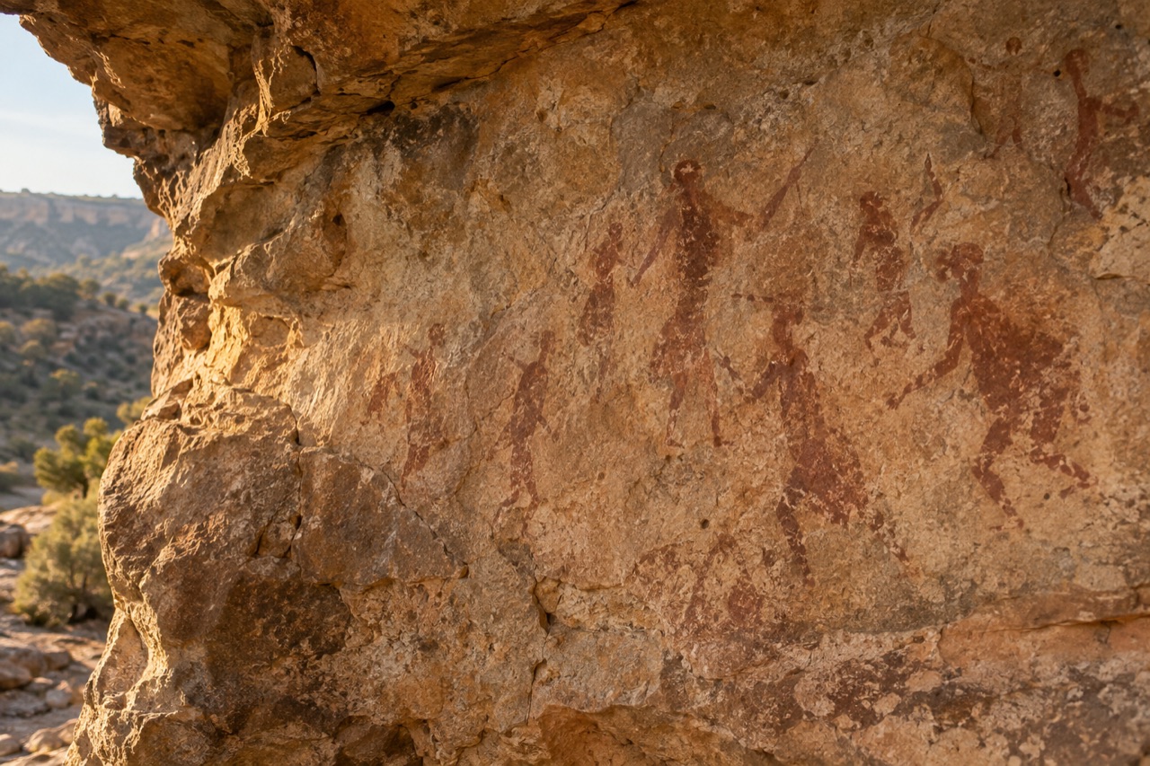 Interpretive Iberian rock shelter with faded ochre group figures