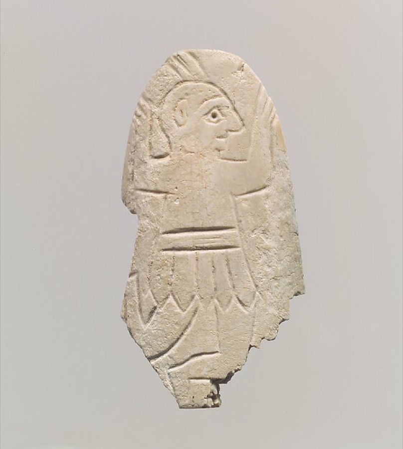Sumerian shell inlay showing a figure with bent legs and raised arms