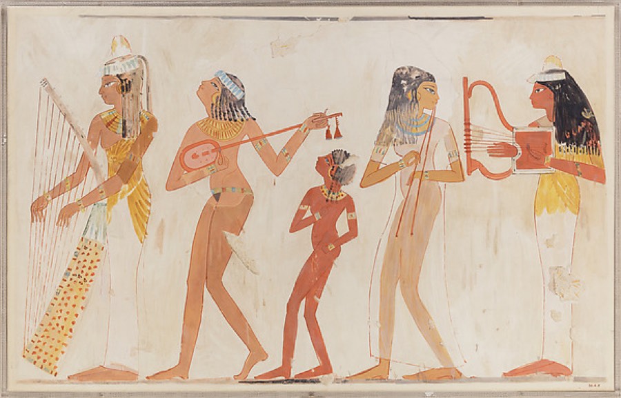 Facsimile of Egyptian musicians and a small dancer from the tomb of Djeserkareseneb
