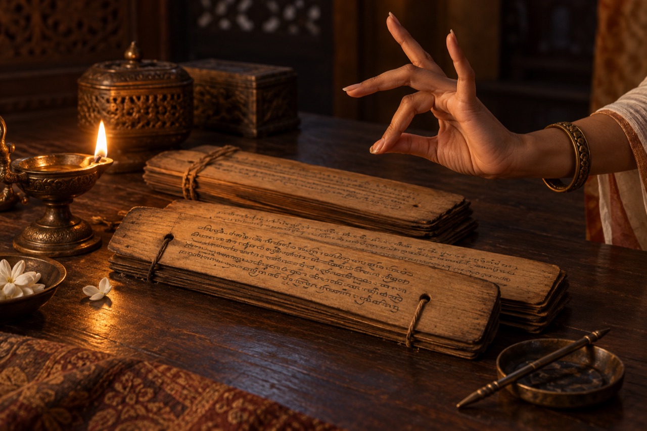 Interpretive manuscript and hand gesture representing Indian performance theory