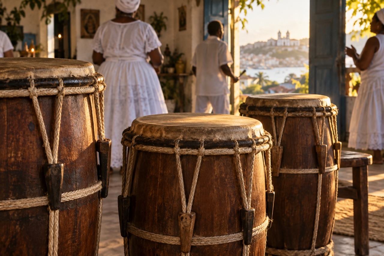 Interpretive view of atabaque drums in a Bahia community space