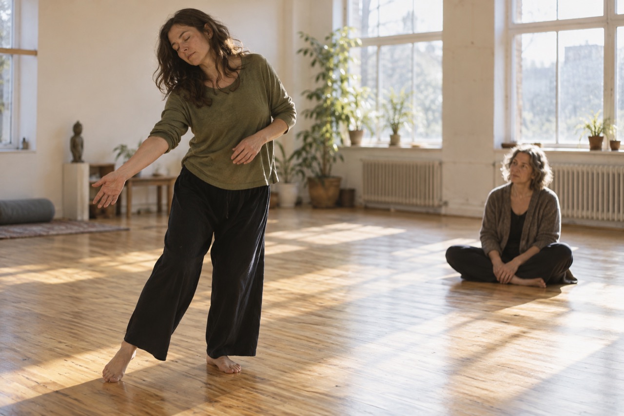 Interpretive contemporary studio scene with a mover and witness