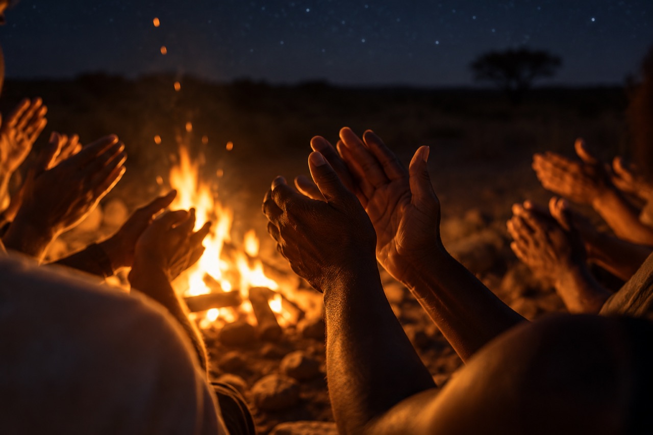 Interpretive close view of clapping hands near fire at night