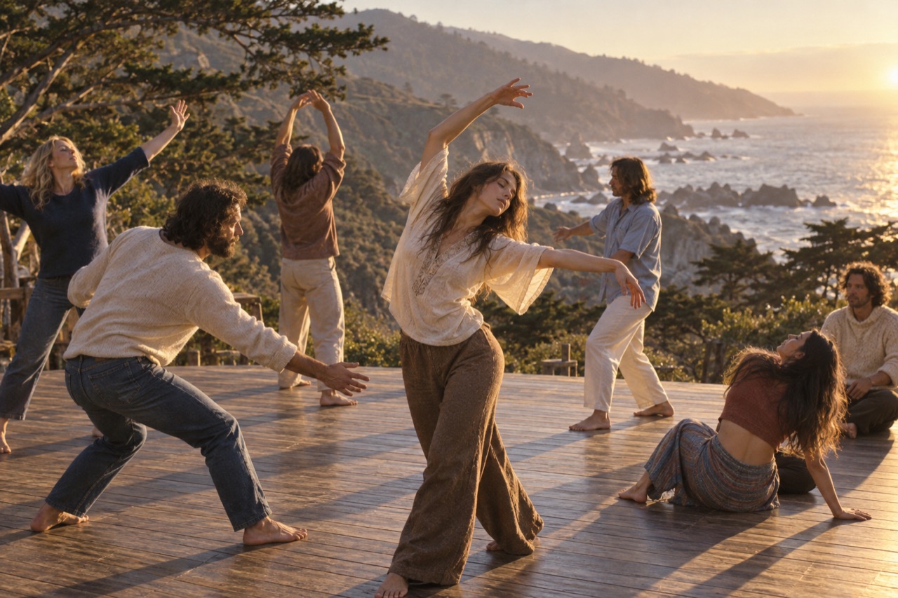 Interpretive 1960s outdoor movement workshop above Big Sur coast