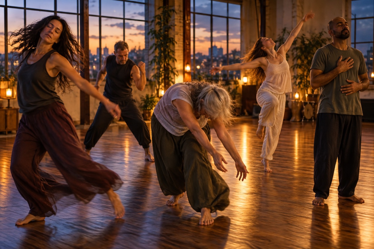 Interpretive group of adults moving freely in a contemporary studio