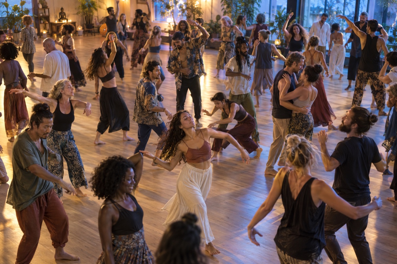 Interpretive contemporary communal Dance gathering in a large hall